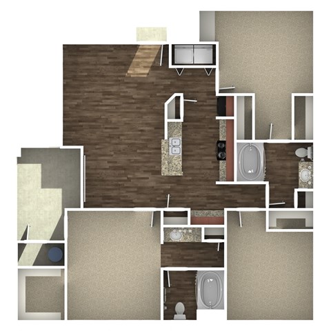 Floor plan for 3 beds, 2 baths, 1232 sqft